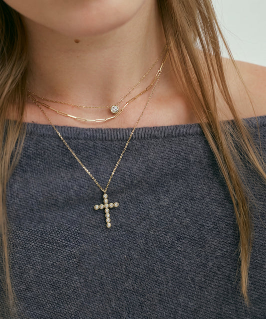 옐로우 골드 | Bezel Cross Necklace, worn, layered