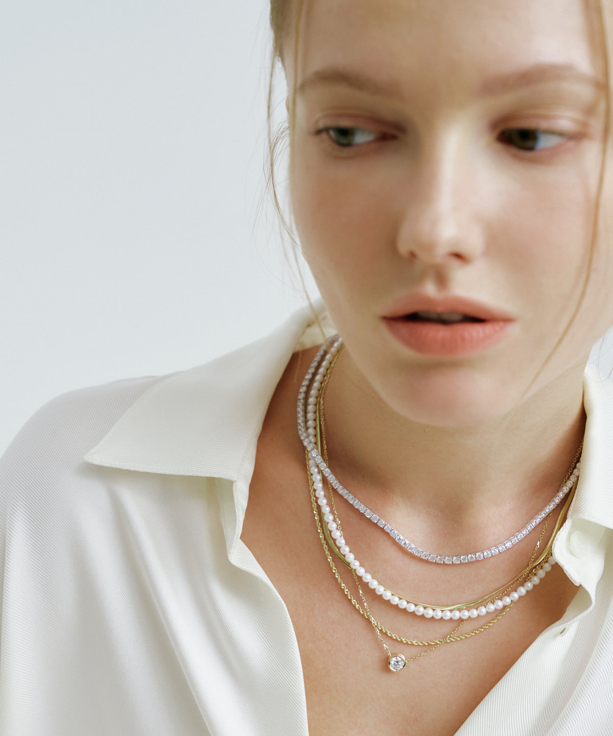 화이트 골드 | Lab Grown Diamond Tennis Necklace, 3mm, worn