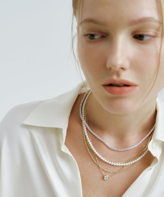 화이트 골드 | Lab Grown Diamond Tennis Necklace, 3mm, worn