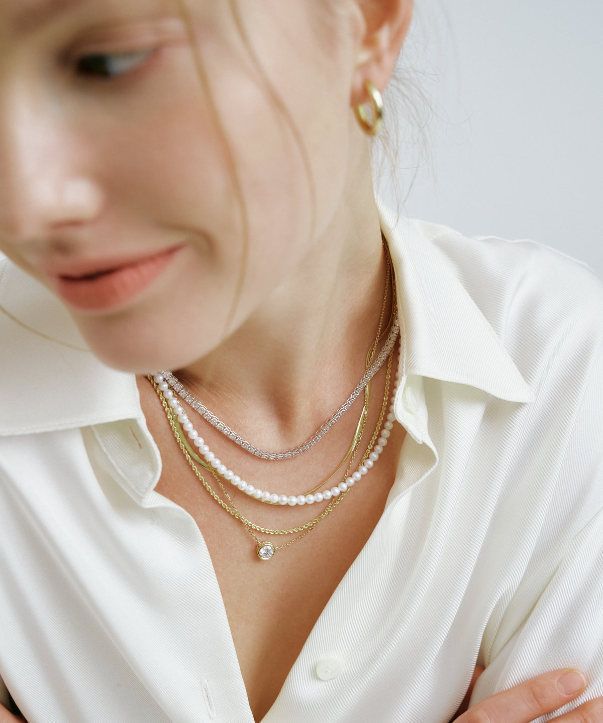 화이트 골드 | Lab Grown Diamond Tennis Necklace, 3mm, worn 2