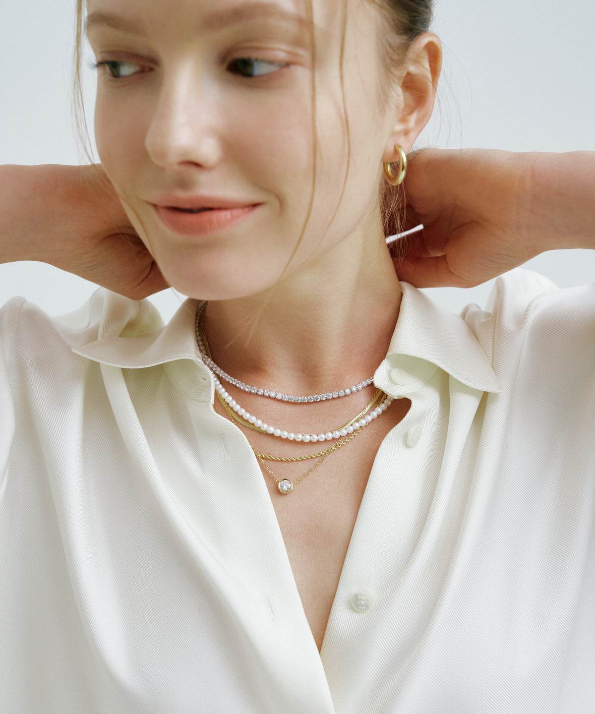 화이트 골드 | Lab Grown Diamond Tennis Necklace, 3mm, worn 3