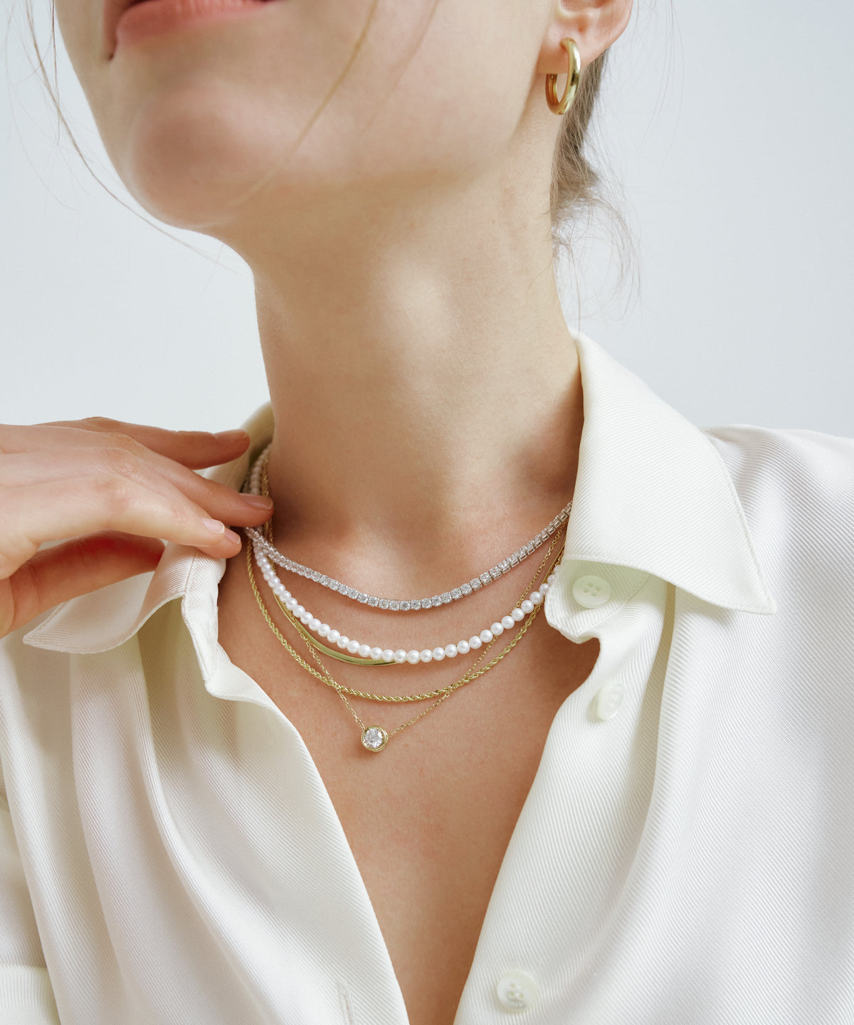 화이트 골드 | Lab Grown Diamond Tennis Necklace, 3mm, worn 4