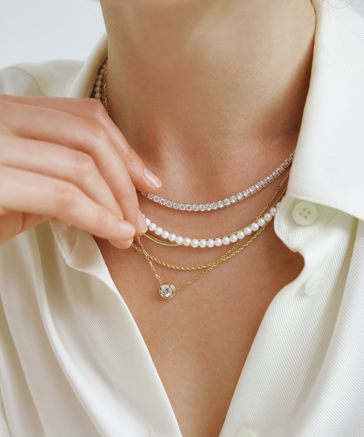 화이트 골드 | Lab Grown Diamond Tennis Necklace, 3mm, worn 5