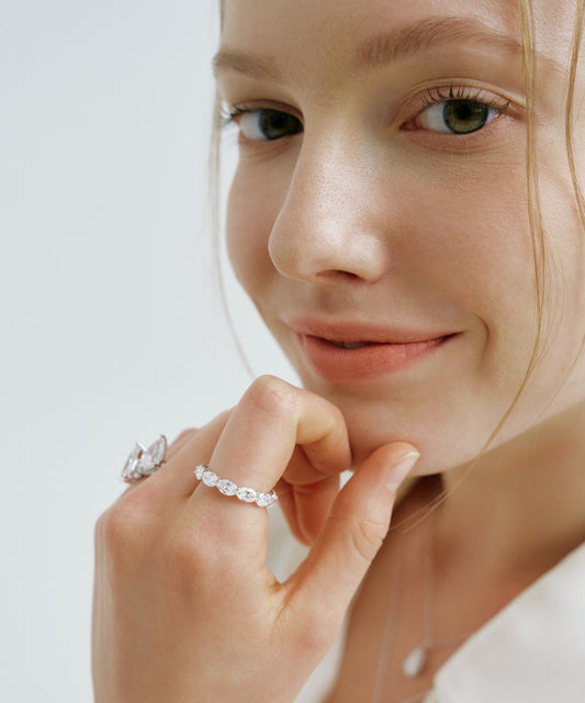 화이트 골드 | Oval Cut Lab Grown Diamond Eternity Band, worn, finger at the chin