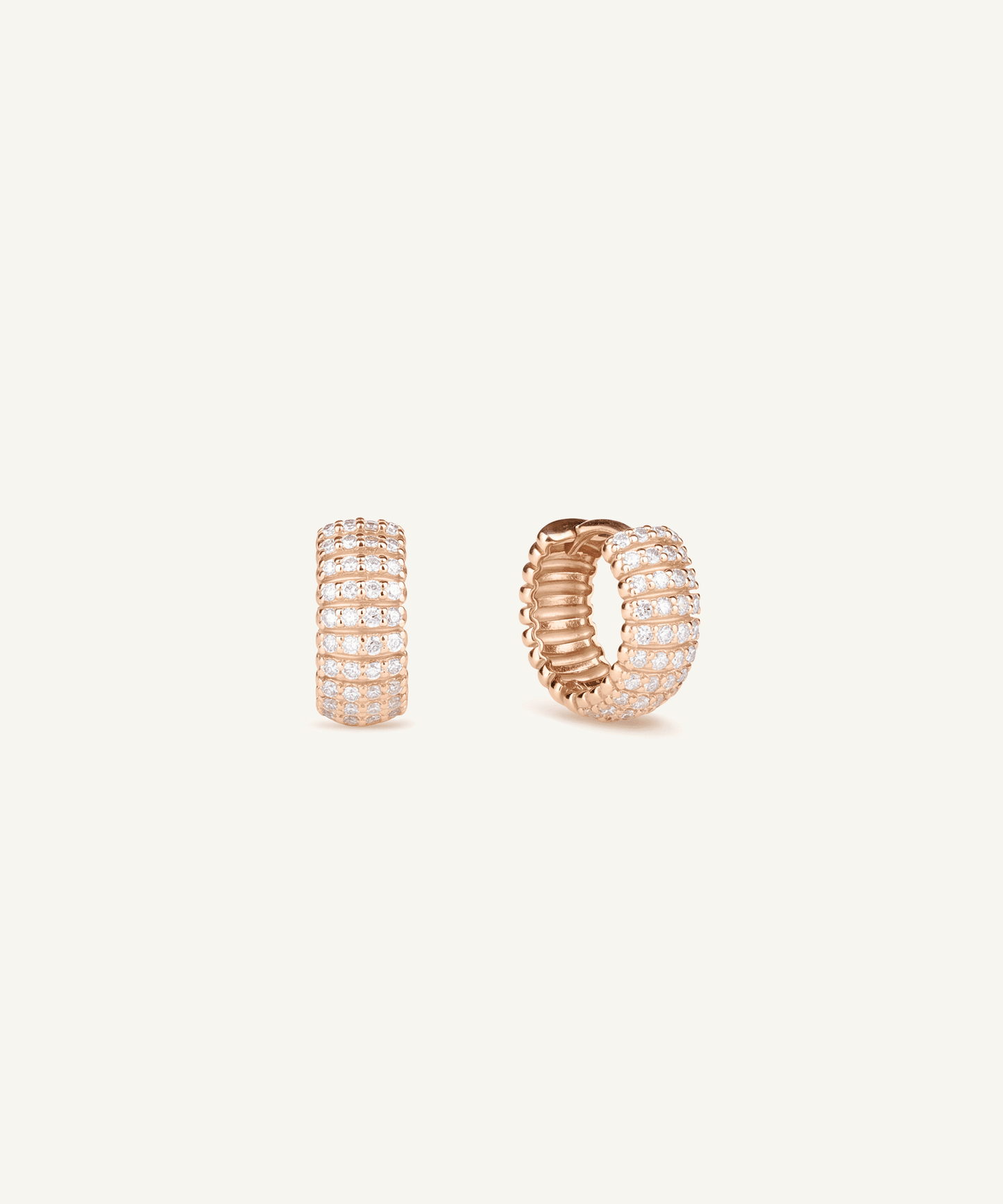 Pavé Lab Grown Diamond Ribbed Huggie Hoop Earrings in Rose Gold, pavé face and plain ribbed face