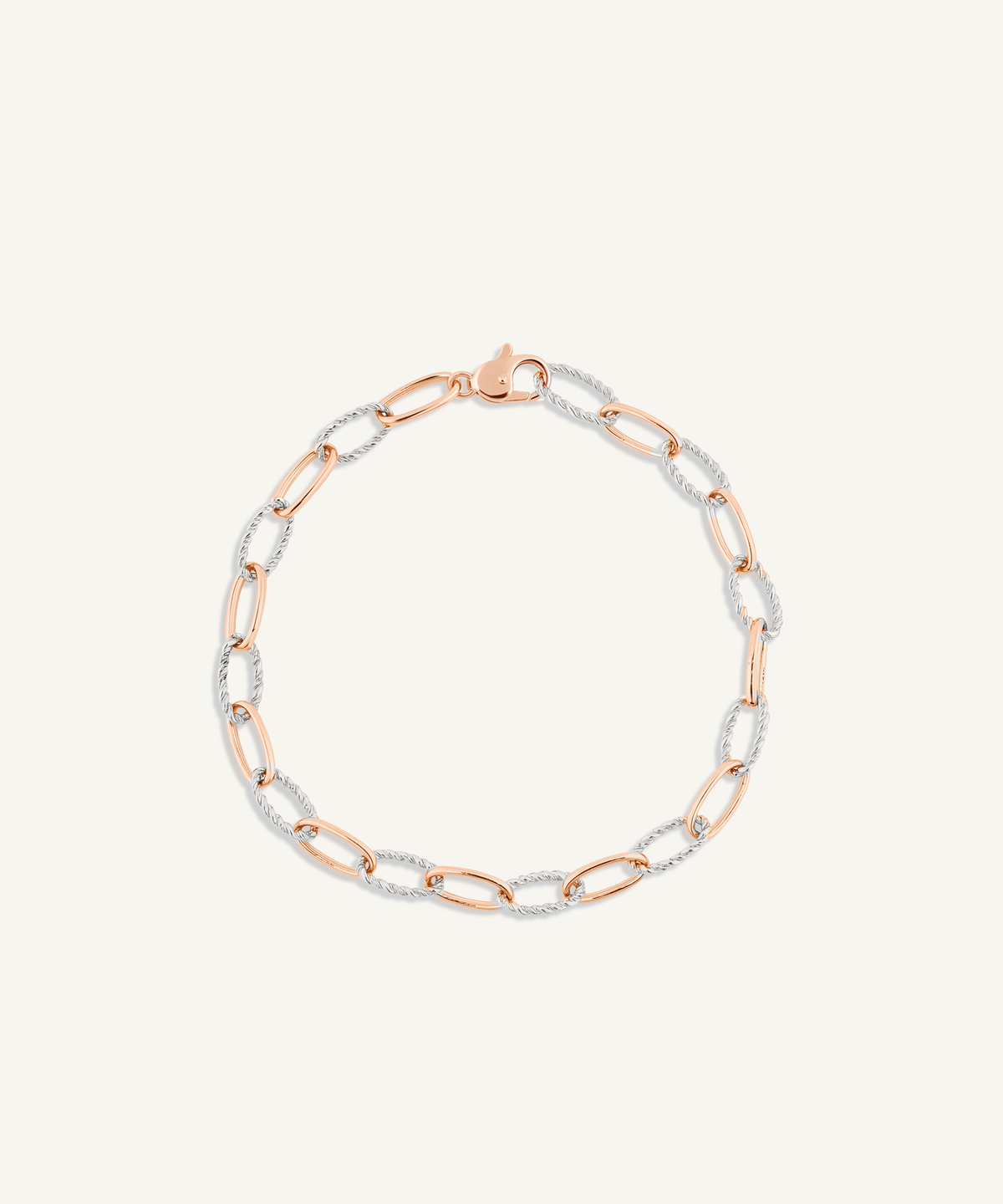로즈 골드 & 화이트 골드 | shot 1 | Two-tone twist chain bracelet, rose gold with white gold twisted links, on a white background
